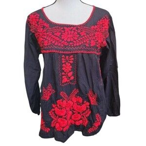 Mexico Embroidered Top Size Medium Black Hippie Boho